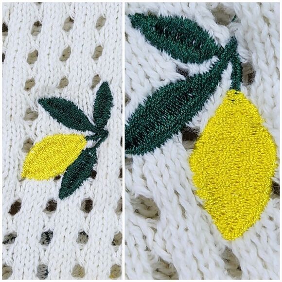 🔹️Forever 21 Cream w/Lemons Open Knit Crop Long Sleeve Sweater Medium - Picture 9 of 12